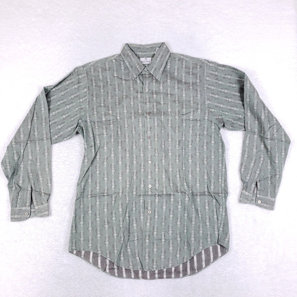 Neiman Marcus Shirt Mens Medium Vintage 90s Geometric Cotton Long Sleeve Green